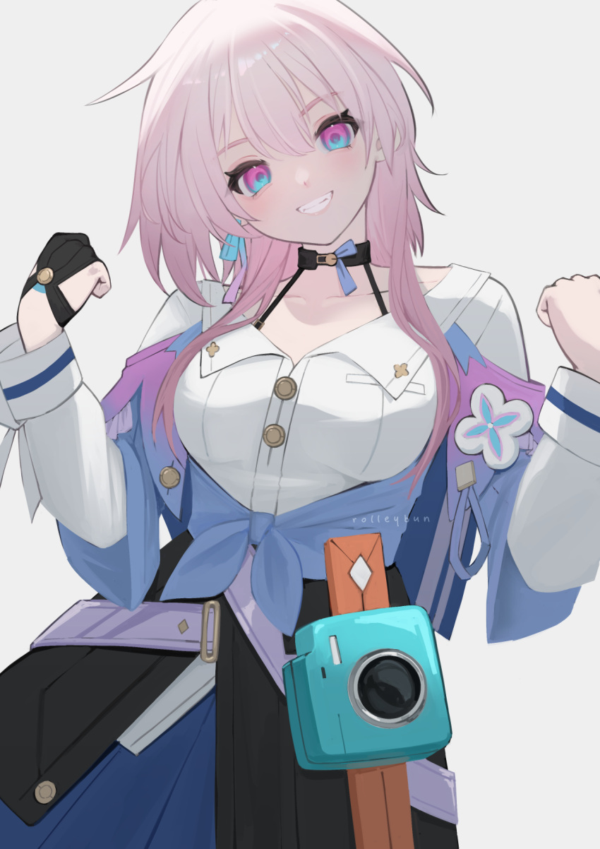 1girl archery_shooting_glove artist_name black_choker black_corset black_gloves blue_eyes blue_jacket blue_skirt breasts buttons camera choker clenched_hands collarbone commentary corset earrings flower_ornament from_below gloves grey_background grin hands_up head_tilt highres honkai:_star_rail honkai_(series) jacket jewelry julie light_blush long_sleeves looking_at_viewer march_7th_(honkai:_star_rail) medium_breasts medium_hair partially_fingerless_gloves pink_eyes pink_hair pleated_skirt shirt simple_background single_earring single_glove skirt smile solo tied_jacket two-tone_eyes white_shirt