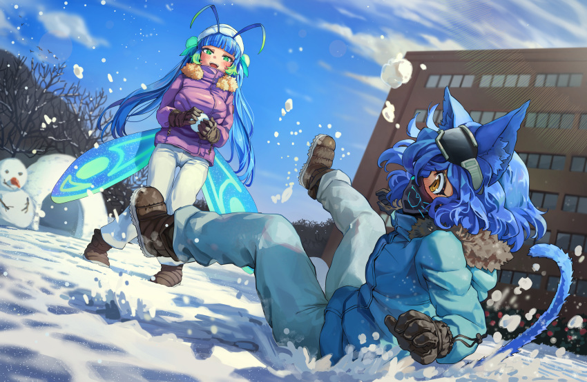 2girls absurdres animal_ears antenna_hair black_footwear black_gloves blue_coat blue_sky blush boots breasts brown_eyes building cat_ears cat_girl cat_tail clouds coat commission day gloves goggles goggles_on_head green_eyes highres large_breasts looking_at_another mask melaton mouth_mask multiple_girls open_mouth original outdoors pants purple_coat skeb_commission sky snow snowball snowball_fight snowman tail teeth upper_teeth_only white_pants