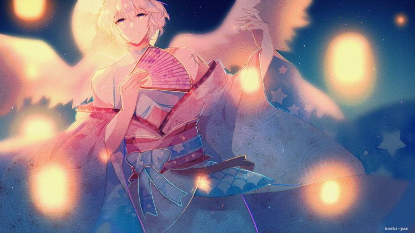 1boy artist_name bare_shoulders blue_bow blue_shirt bow closed_mouth commission dutch_angle english_commentary feathered_wings floral_print full_moon hand_fan holding holding_fan hoshi-pan japanese_clothes kanji_tattoo kimono lantern long_sleeves looking_at_viewer making-of_available male_focus moon night night_sky obi off_shoulder original outstretched_hand pink_kimono pink_sash sash scale_print shirt short_hair shoulder_tattoo sky sleeveless sleeveless_shirt smile star_(symbol) star_print tattoo violet_eyes waist_bow white_hair white_wings wide_sleeves wings