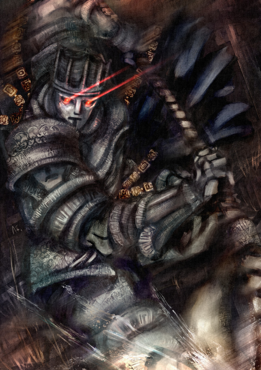 1boy armor champion_gundyr commentary dark_souls_(series) dark_souls_iii english_commentary facing_viewer full_armor glowing glowing_eyes halberd helm helmet highres holding holding_polearm holding_weapon looking_at_viewer mask nightmaresyrup pauldrons polearm red_eyes shoulder_armor solo standing waist_cape weapon