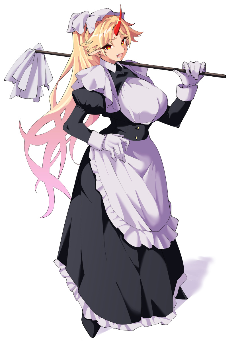 1girl absurdres alternate_costume alternate_hairstyle apron black_dress black_footwear blonde_hair breasts dress enmaided fugaku_(miko_no_miyatsuguchi) full_body gloves highres horns hoshiguma_yuugi huge_breasts juliet_sleeves long_dress long_hair long_sleeves looking_at_viewer maid maid_apron oni_horns open_mouth pointy_ears ponytail puffy_sleeves red_eyes red_horns simple_background single_horn solo standing touhou victorian_maid white_apron white_background white_gloves