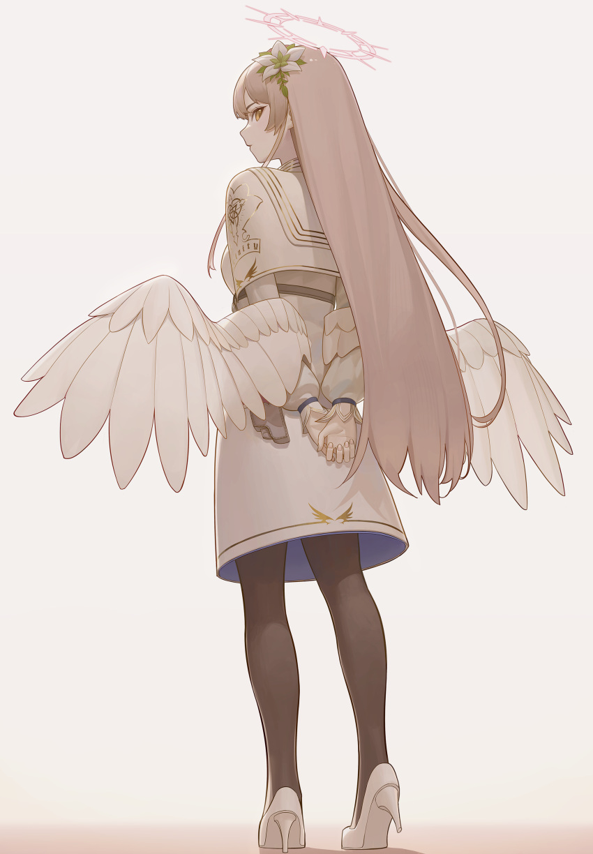 1girl absurdres arms_behind_back black_pantyhose blue_archive capelet closed_mouth commentary dress feathered_wings flower from_behind full_body gloves hair_flower hair_ornament halo high_heels highres holster komodo light_brown_hair long_hair long_sleeves looking_at_viewer looking_back low_wings nagisa_(blue_archive) pantyhose pink_halo simple_background solo white_background white_capelet white_dress white_flower white_footwear white_gloves white_wings wings yellow_eyes