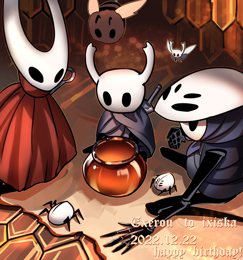 6+others absurdres antennae black_eyes bug character_request cloak commentary_request dated english_text grey_cloak highres hollow_knight hood hornet_(hollow_knight) horns knight_(hollow_knight) multiple_others red_cloak signature sitting spider top-exerou wings