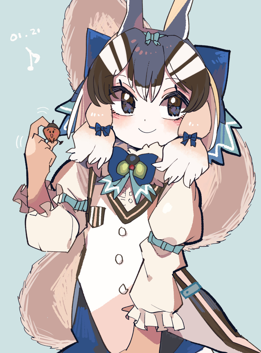 1girl absurdres acorn animal_ears black_eyes brown_hair chipmunk_ears chipmunk_girl chipmunk_tail extra_ears gloves highres kanmoku-san kemono_friends kemono_friends_v_project looking_at_viewer microphone ribbon scarf shirt short_hair shorts siberian_chipmunk_(kemono_friends) simple_background solo striped_hair tail vest virtual_youtuber