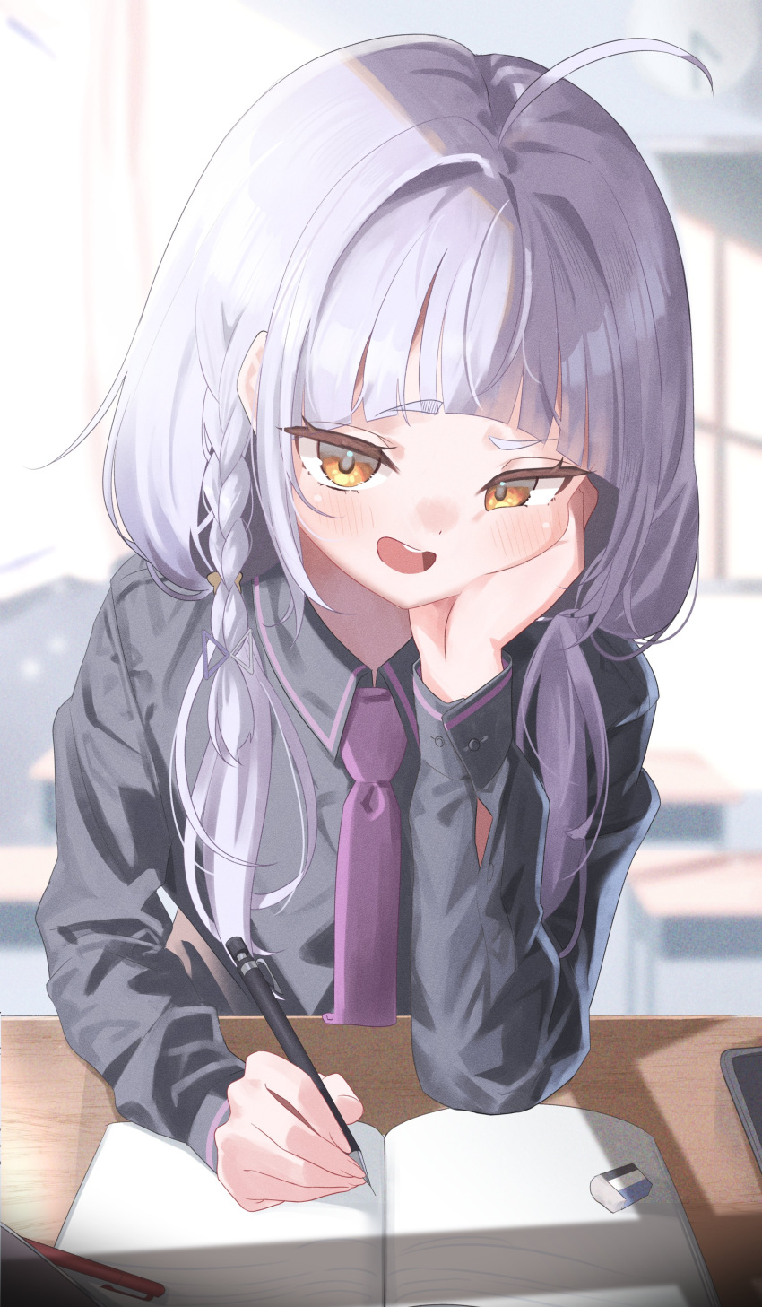 1girl absurdres arched_bangs black_shirt blush desk dress_shirt elbows_on_table grey_hair hand_on_own_chest head_rest highres holding holding_pencil hololive long_hair long_sleeves looking_at_viewer madai_(mappy) mechanical_pencil murasaki_shion murasaki_shion_(7th_costume) necktie official_alternate_costume open_mouth pencil purple_necktie school_desk school_uniform shirt short_eyebrows smug solo virtual_youtuber yellow_eyes