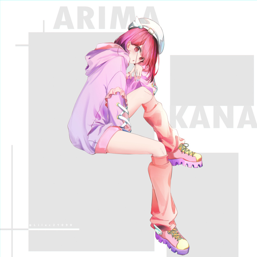 1girl :o absurdres aqua_nails arima_kana arm_support between_legs boots character_name fingernails from_side full_body grey_background hand_between_legs hat head_tilt highres hood hood_down hoodie invisible_chair knee_up leg_warmers lilac10 long_sleeves looking_at_viewer multicolored_footwear open_mouth oshi_no_ko pink_footwear pink_leg_warmers purple_footwear purple_hoodie red_eyes red_leg_warmers red_shorts redhead shoes short_hair short_shorts shorts simple_background sitting sneakers solo twitter_username white_background white_headwear winged_footwear yellow_footwear