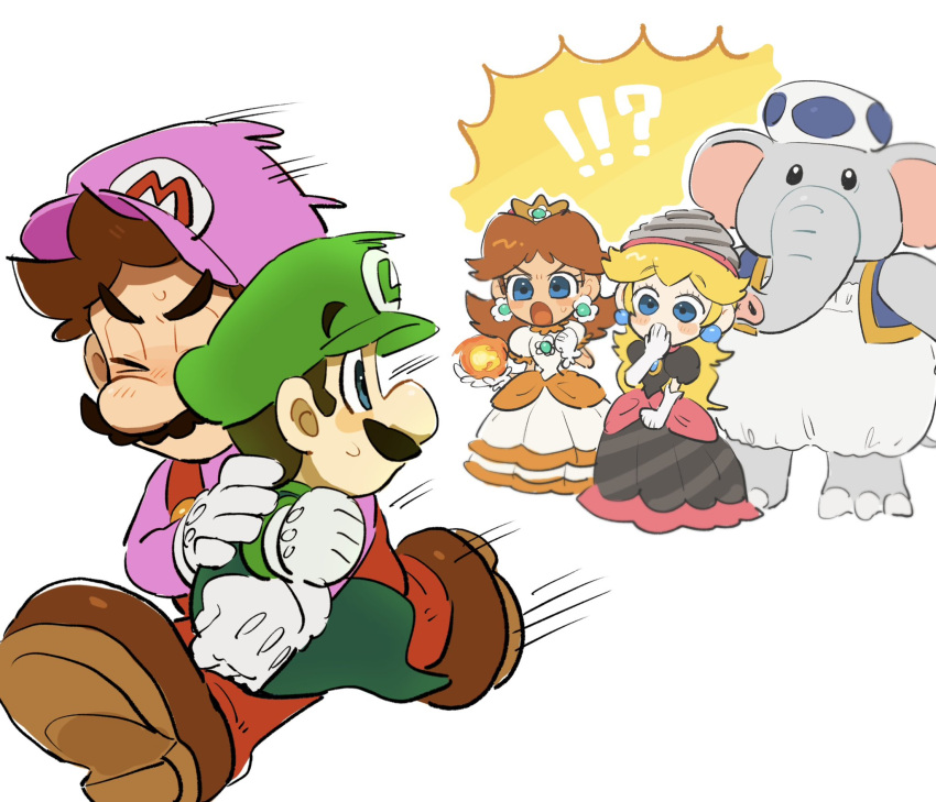 &gt;_&lt; 2girls 3boys ^^^ barefoot black_dress blonde_hair blue_eyes blue_toad_(mario) blue_vest blush blush_stickers brown_footwear brown_hair bubble_mario closed_eyes crown dress earrings elephant_blue_toad_(mario) facial_hair fire_daisy flower_earrings frilled_dress frills gloves green_eyes green_headwear hat highres jewelry long_hair long_sleeves looking_at_another luigi mario mimimi_(mimimim9999) multiple_boys multiple_girls mustache new_super_mario_bros._u_deluxe open_mouth overalls parted_bangs pink_headwear princess_daisy princess_peach puffy_short_sleeves puffy_sleeves red_overalls shirt shoes short_hair short_sleeves simple_background smile standing super_mario_bros. super_mario_bros._wonder sweatdrop tongue vest white_background white_dress white_gloves