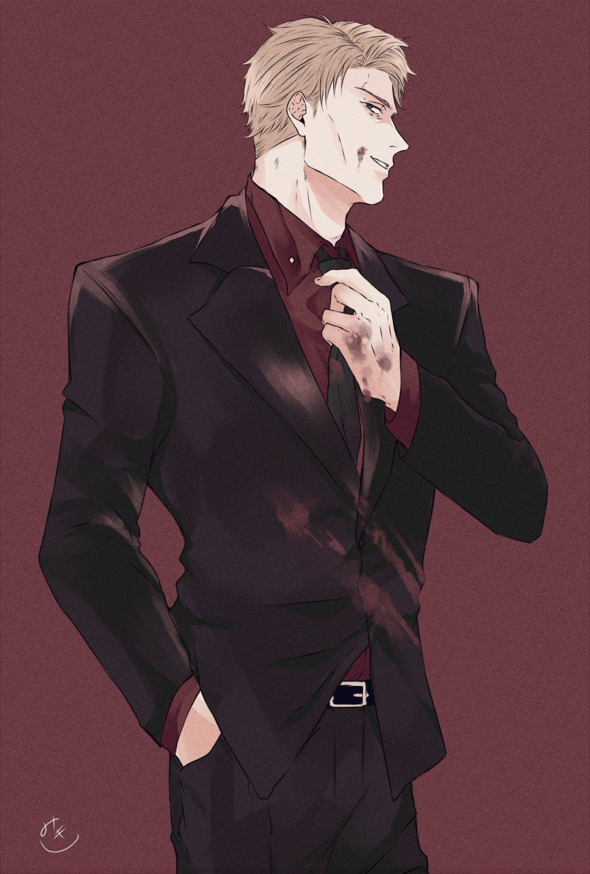 1boy adjusting_clothes adjusting_necktie belt black_belt black_necktie black_pants black_suit blonde_hair collared_shirt cowboy_shot gnb01 hand_in_pocket highres jujutsu_kaisen looking_at_viewer male_focus nanami_kento necktie pants parted_lips red_background red_shirt shirt short_hair solo suit
