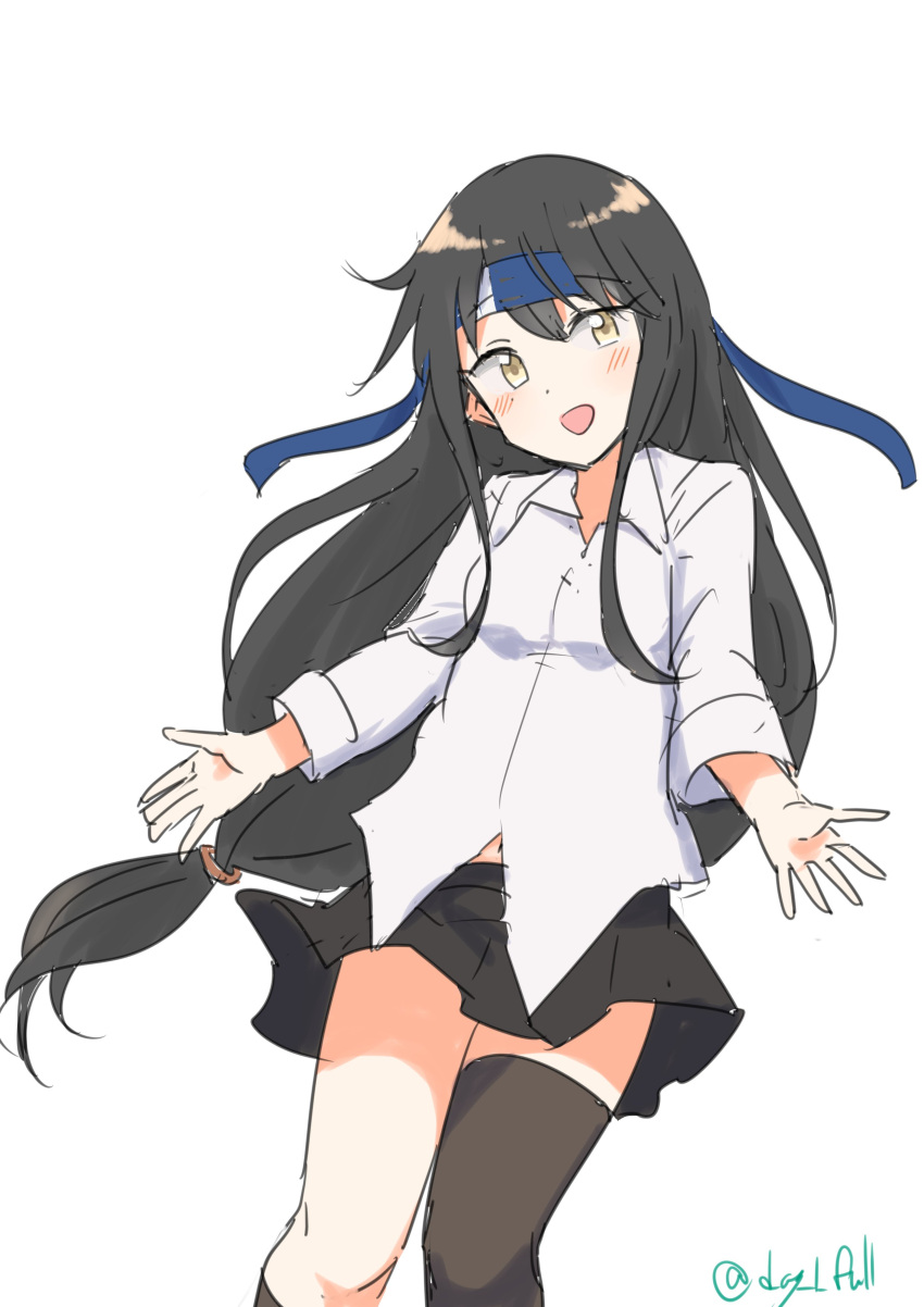 1girl absurdres black_hair black_socks black_thighhighs blue_headband collared_shirt dress_shirt feet_out_of_frame hatsushimo_(kancolle) hatsushimo_kai_ni_(kancolle) headband highres kantai_collection kneehighs long_hair low-tied_long_hair one-hour_drawing_challenge robinson_(day_l_full) shirt simple_background single_kneehigh single_sock single_thighhigh socks solo standing thigh-highs white_background white_shirt yellow_eyes