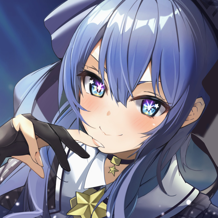 1girl absurdres beret black_gloves blue_eyes blue_hair bracelet choker closed_mouth gloves grey_headwear hair_between_eyes hand_on_own_chin hand_up hat highres hololive hoshimachi_suisei hoshimachi_suisei_(1st_costume) jewelry light_particles long_hair looking_at_viewer natsuki_(muravito) oshi_no_ko partially_fingerless_gloves plaid_headwear portrait smile solo star-shaped_pupils star_(symbol) star_in_eye symbol-shaped_pupils symbol_in_eye virtual_youtuber