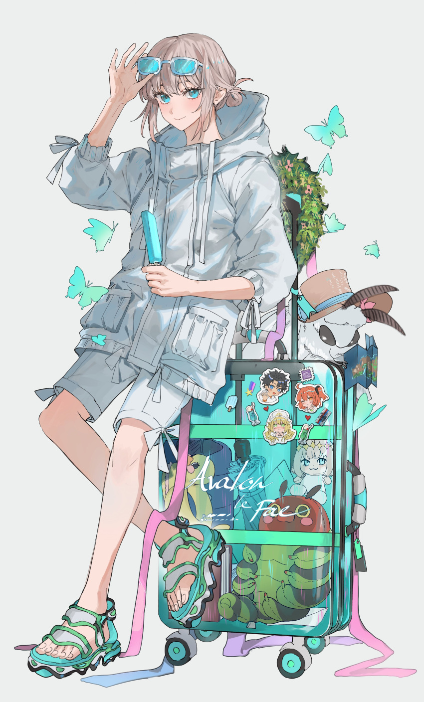 1boy absurdres blanca_(fate) blue_eyes bug butterfly caterpillar character_sticker coat eyewear_on_head fate/grand_order fate_(series) food grey_background grey_hair hat highres innertube male_focus map oberon_(fate) popsicle rolling_suitcase shorts sticker suitcase sunglasses umbrella white_coat white_shorts yurumawari