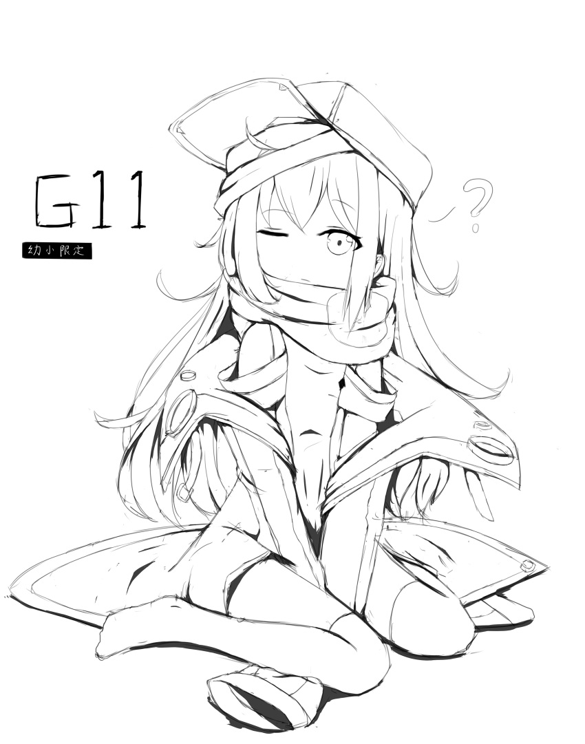 1girl ? absurdres bare_shoulders between_legs c309657344 character_name closed_mouth commentary_request flat_cap full_body g11_(girls'_frontline) girls_frontline greyscale hand_between_legs hat highres jacket long_sleeves looking_at_viewer monochrome no_shoes off_shoulder one_eye_closed open_clothes open_jacket puffy_long_sleeves puffy_sleeves simple_background sitting sleeves_past_fingers sleeves_past_wrists solo wariza white_background