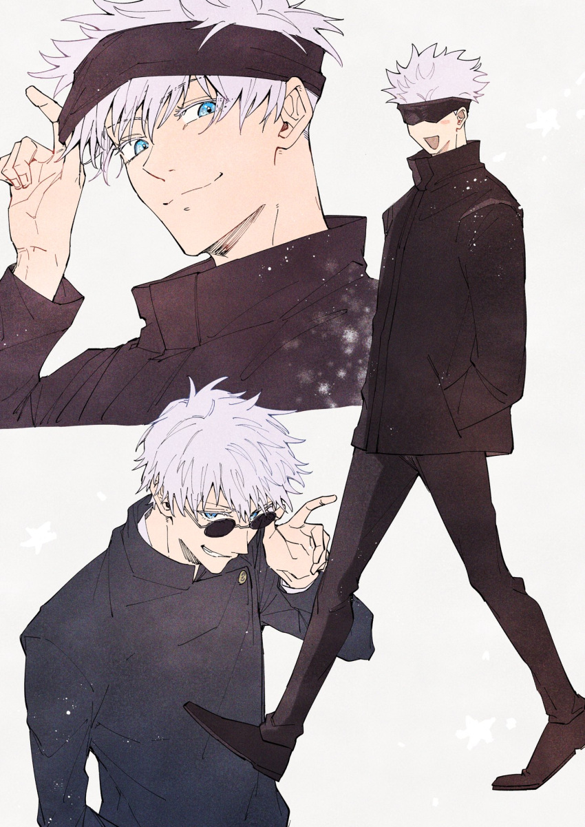 1boy :d black_blindfold black_footwear black_jacket black_pants blindfold blindfold_lift blue_eyes closed_mouth covered_eyes deka_power full_body gojou_satoru grin hand_in_pocket hand_up highres jacket jujutsu_kaisen long_sleeves male_focus open_mouth pants shoes short_hair simple_background smile standing sunglasses upper_body white_background white_hair