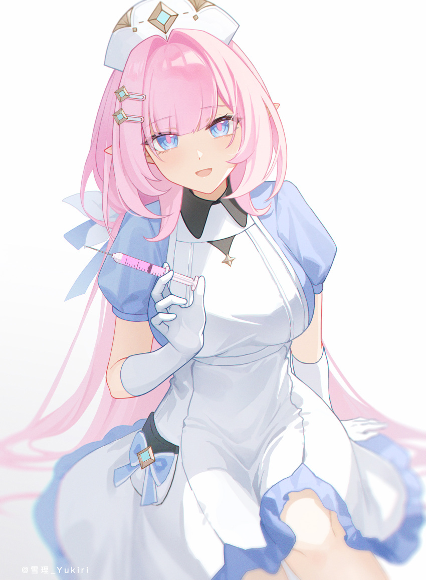1girl :d apron artist_name blue_eyes breasts chinese_commentary commentary dress elf elysia_(honkai_impact) frills gloves hair_ornament hat highres holding holding_syringe honkai_(series) honkai_impact_3rd large_breasts long_hair looking_at_viewer nurse nurse_cap open_mouth pink_hair pink_pupils pointy_ears puffy_short_sleeves puffy_sleeves short_sleeves simple_background sitting smile solo syringe white_background white_dress white_gloves white_headwear yukiri_(l_ii)