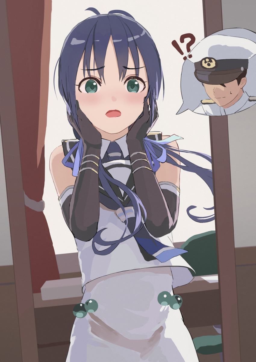 !? 1boy 1girl admiral_(kancolle) antenna_hair bare_shoulders blue_hair blush body_switch commentary_request desk elbow_gloves gloves green_eyes hair_ribbon hands_on_own_cheeks hands_on_own_face highres kantai_collection long_hair looking_at_mirror low_twintails mirror open_mouth personality_switch reflection ribbon sailor_collar shirt sleeveless sleeveless_shirt solo_focus surprised suzukaze_(kancolle) twintails yuu+
