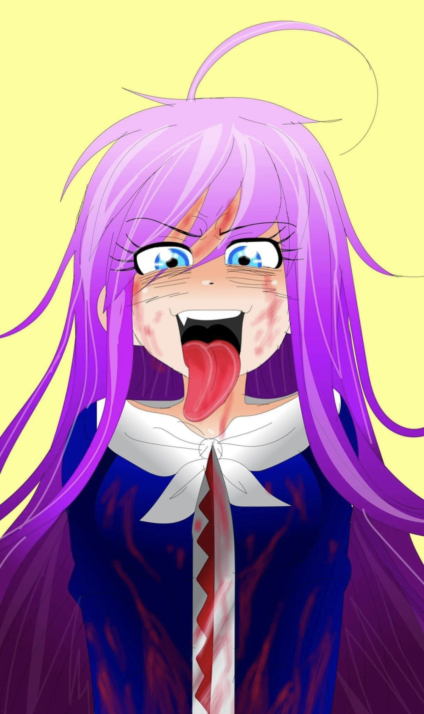 blood blood_on_clothes blood_on_face blue_eyes fang hero highres non-web_source original purple_hair samurai school_uniform sword tongue tongue_out weapon