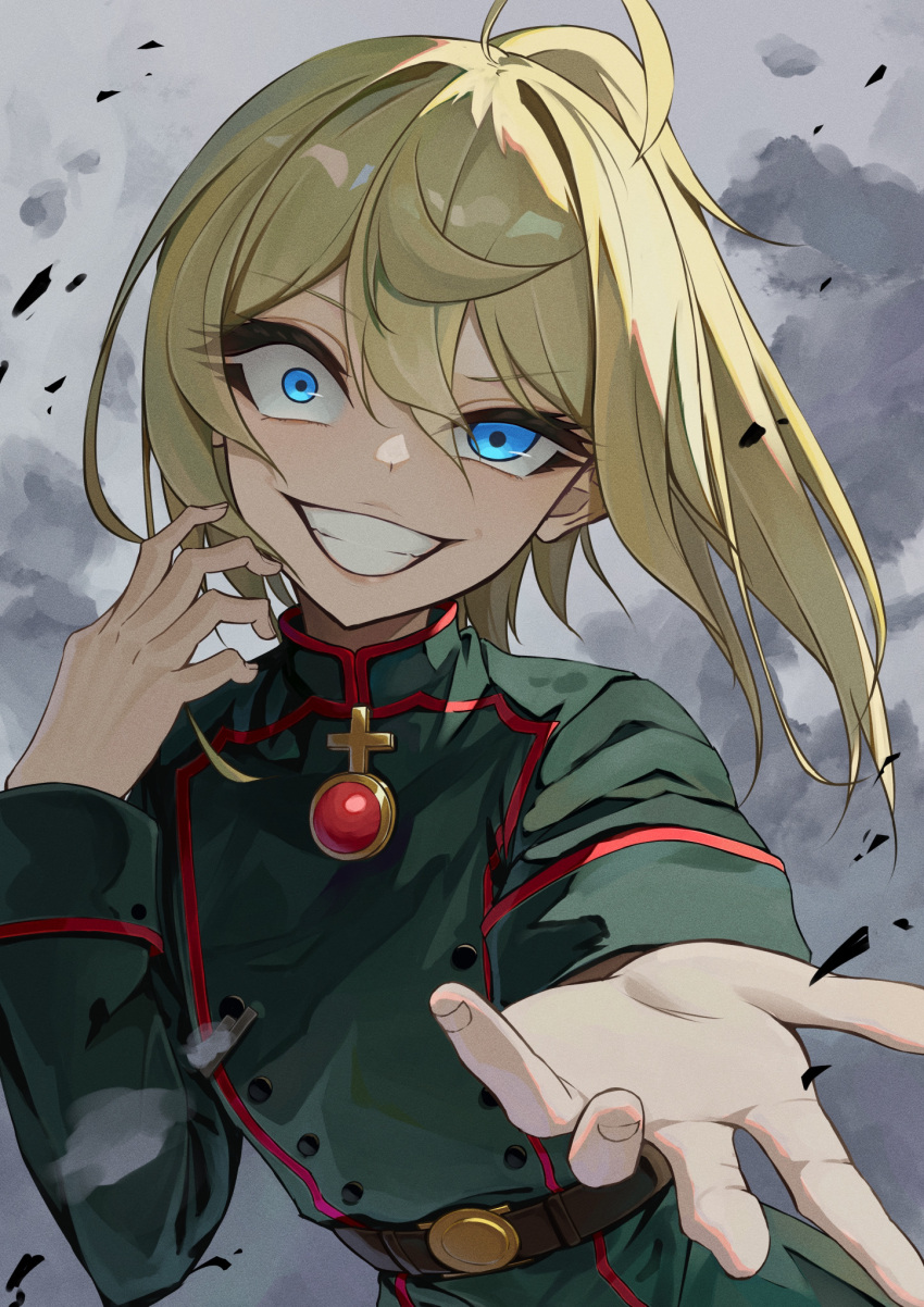 1girl ahoge belt blonde_hair blue_eyes buttons clouds cloudy_sky commentary constricted_pupils crazy_eyes crazy_smile double-breasted evil_smile green_jacket grin highres jacket komura_hiroto long_hair long_sleeves looking_at_viewer military_uniform ponytail reaching reaching_towards_viewer sanpaku sky smile tanya_degurechaff uniform upper_body youjo_senki