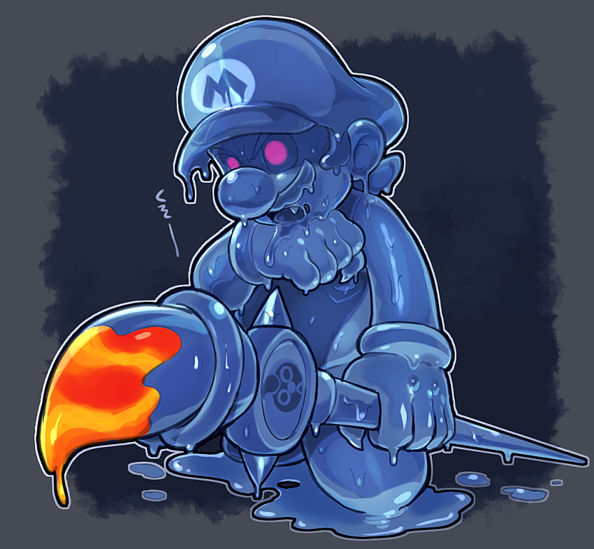 1boy blue_eyes blue_gloves blue_hair blue_headwear blue_overalls blue_shirt dripping facial_hair giant_brush gloves glowing glowing_eyes hat holding holding_paintbrush hoshi_(star-name2000) mustache overalls paintbrush shadow_mario shirt solo super_mario_bros. super_mario_sunshine wet