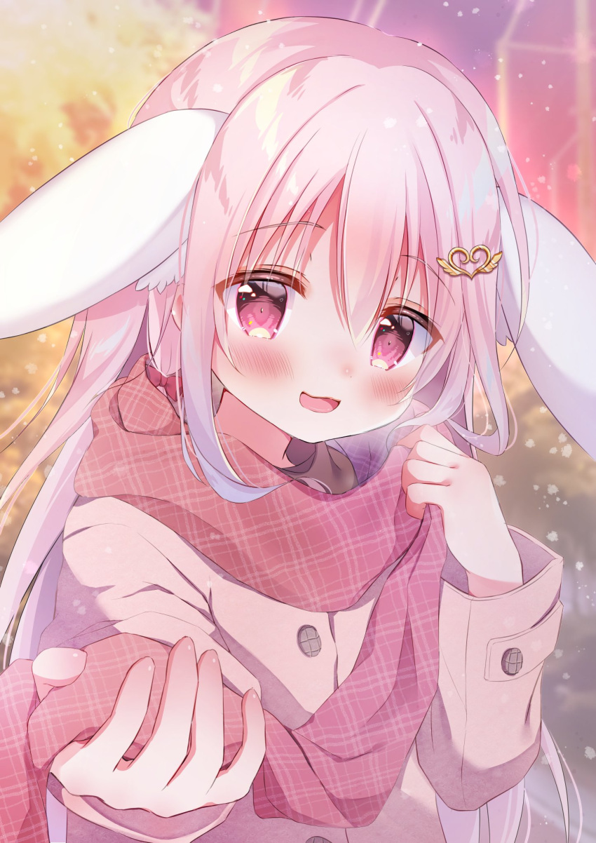 1girl :3 animal_ears blurry blurry_background blush bow coat hair_bow hair_ornament hairclip hanasaki_chiyu hanasakichu heart heart_hair_ornament highres holding holding_clothes holding_scarf long_hair long_sleeves looking_at_viewer open_mouth original outdoors pink_eyes plaid plaid_scarf pov rabbit_ears rabbit_girl scarf smile snowing solo sunset upper_body
