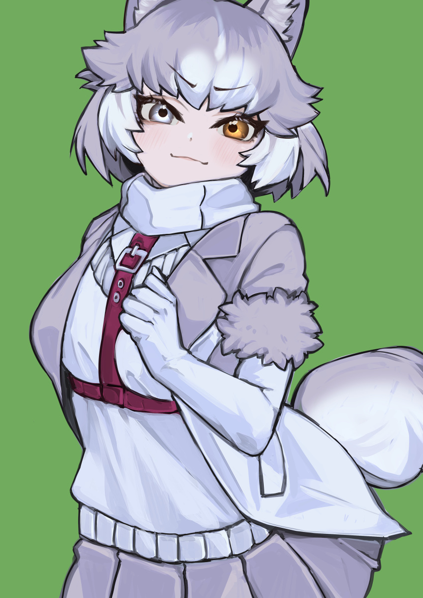 1girl a888_n22 absurdres blue_eyes blush cowboy_shot dog_(mixed_breed)_(kemono_friends) elbow_gloves gloves green_background grey_hair grey_jacket grey_skirt harness heterochromia highres jacket kemono_friends looking_at_viewer multicolored_clothes multicolored_hair multicolored_jacket pleated_skirt scarf short_hair short_sleeves skirt solo two-tone_hair two-tone_jacket vest white_gloves white_hair white_jacket white_scarf white_vest yellow_eyes