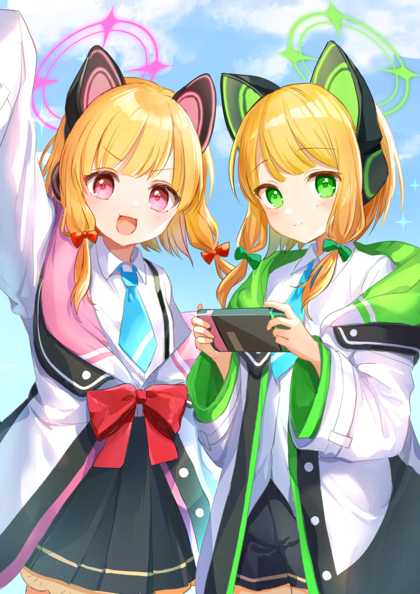 2girls :3 absurdres animal_ear_headphones animal_ears arm_up blonde_hair blue_archive bow cat_ear_headphones collared_shirt day fake_animal_ears green_eyes hair_bow halo handheld_game_console headphones highres holding holding_handheld_game_console hood hoodie jacket long_hair long_sleeves looking_at_viewer midori_(blue_archive) momoi_(blue_archive) multiple_girls necktie nintendo_switch open_mouth pink_eyes pleated_skirt shirt shirt_tucked_in shorts siblings sisters skirt sky sleeves_past_fingers sleeves_past_wrists smile suspender_skirt suspenders twins yaminabe_(szhal14)