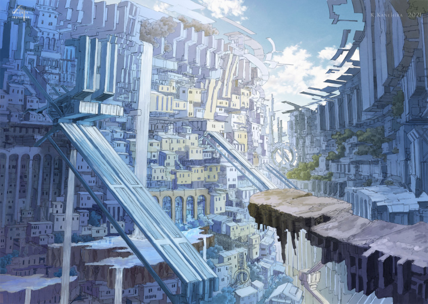 arch architecture artist_name blue_sky building city cityscape clouds cloudy_sky day fantasy floating highres k_kanehira no_humans original outdoors platform scenery sky