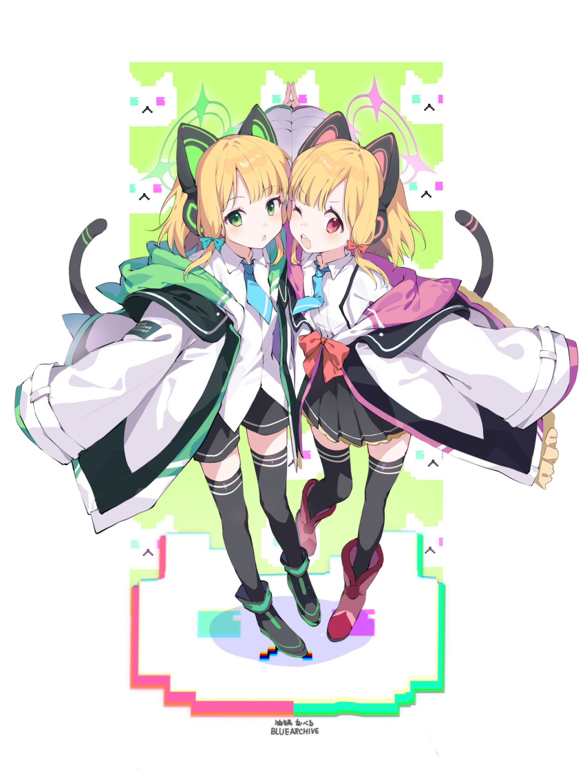 2girls ;d animal_ear_headphones animal_ears black_shorts black_skirt black_thighhighs blue_archive blue_necktie blunt_bangs cat_ear_headphones cat_tail cheek-to-cheek coat collared_shirt commentary_request fake_animal_ears green_eyes hair_ribbon halo headphones heads_together highres holding_hands long_sleeves looking_at_viewer midori_(blue_archive) momoi_(blue_archive) multiple_girls necktie one_eye_closed open_clothes open_coat outstretched_arms parted_bangs pleated_skirt red_eyes ribbon school_uniform shirt short_hair short_shorts shorts siblings sidelocks simple_background skirt smile spread_arms suspender_skirt suspenders tail thigh-highs tress_ribbon twins white_coat white_shirt wide_sleeves you_guo_chaocai zettai_ryouiki