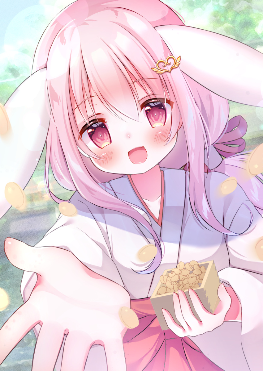 1girl :3 animal_ears beans blush box hair_ornament hairclip hanasaki_chiyu hanasakichu heart heart_hair_ornament highres holding holding_box japanese_clothes kimono long_hair looking_at_viewer low_twintails mamemaki masu open_mouth original outdoors pink_eyes pink_hair rabbit_ears rabbit_girl reaching reaching_towards_viewer setsubun smile solo twintails upper_body