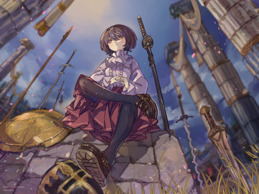 1girl absurdres black_pantyhose breasts brown_hair crossed_legs dated day from_below full_body highres long_skirt neck_ruff nero_augustus original outdoors pantyhose scabbard sheath sheathed short_hair sitting skirt small_breasts solo twitter_username wide_sleeves yellow_eyes
