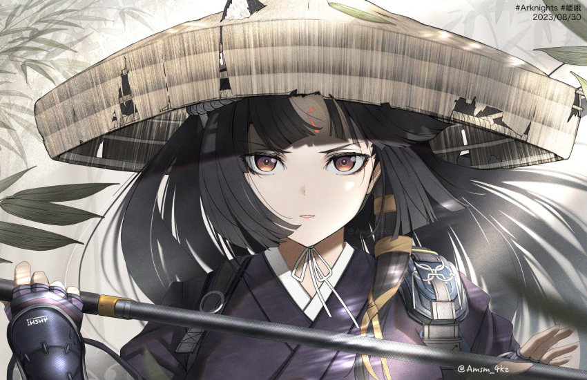 1girl animal_ear_fluff animal_ears arknights black_gloves black_hair black_kimono brown_eyes brown_headwear copyright_name dated dog_ears ears_through_headwear facial_mark fingerless_gloves forehead_mark gloves holding holding_weapon japanese_clothes kimono leaf long_hair looking_at_viewer parted_bangs parted_lips saga_(arknights) smile solo twitter_username upper_body v-shaped_eyebrows very_long_hair weapon yokaze_(yokajie)