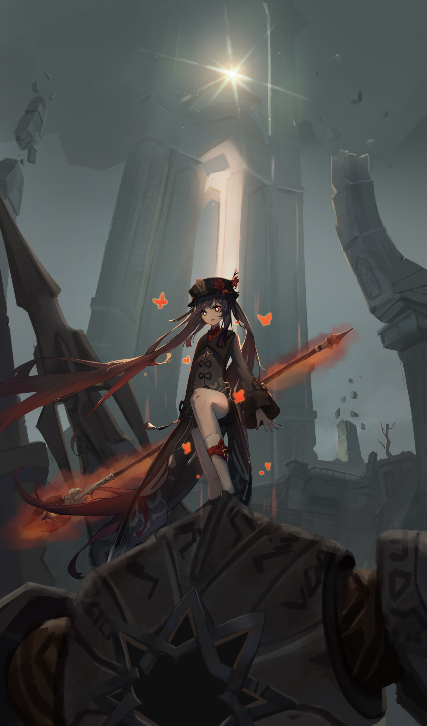 1girl 1other absurdres black_hair black_shorts character_request chinese_clothes commentary_request defeat gate genshin_impact hair_between_eyes hat highres holding holding_polearm holding_weapon hu_tao_(genshin_impact) kneehighs long_hair long_sleeves looking_at_viewer outdoors polearm porkpie_hat qixia red_eyes short_shorts shorts sidelocks socks solo staff_of_homa_(genshin_impact) stomping symbol-shaped_pupils twintails weapon white_socks wide_sleeves