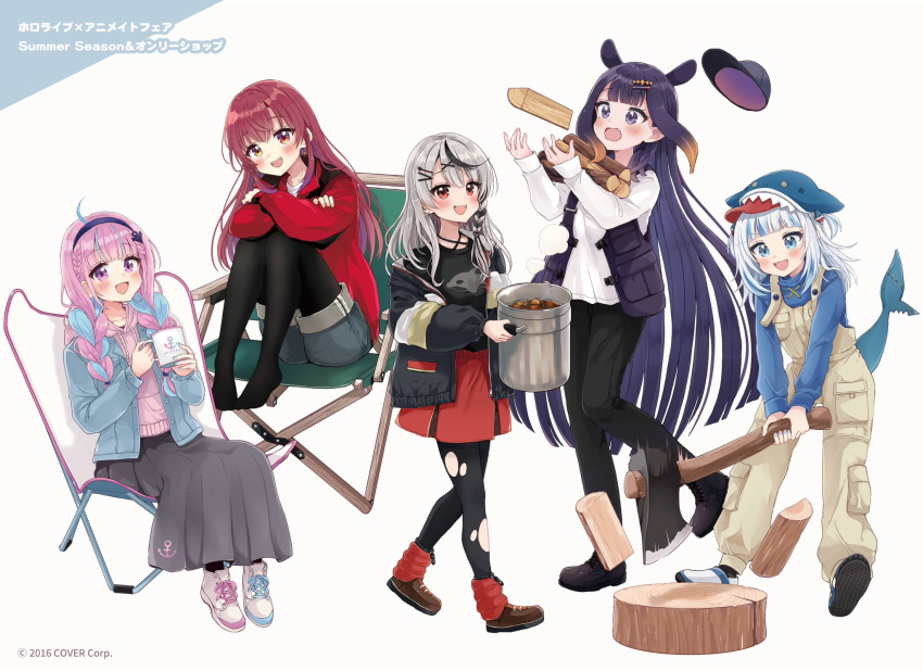 5girls :d ahoge anchor_hair_ornament anchor_symbol asymmetrical_footwear axe baseball_cap black_footwear black_hair black_headwear black_jacket black_pantyhose black_shirt black_vest blue_eyes blue_hair blue_hairband blue_headwear blue_jacket blush boots braid brown_footwear brown_hair commentary_request cooking_pot cross-laced_footwear cup drawstring fang fins firewood fish_tail food gawr_gura gradient_hair grey_background grey_hair grey_shorts grey_skirt hair_ornament hair_over_shoulder hairband hairclip hat hat_removed headwear_removed heterochromia highres holding holding_axe holding_cup hololive hololive_english hood hood_down hoodie houshou_marine jacket lace-up_boots long_hair long_skirt low_twintails minato_aqua mismatched_footwear motion_blur mug multicolored_hair multiple_girls ninomae_ina'nis off_shoulder open_clothes open_jacket open_vest overalls pantyhose pantyhose_under_shorts pink_hair pink_hoodie purple_hair red_eyes red_jacket red_skirt redhead sakamata_chloe sakura_oriko shark_tail sharp_teeth shirt shoe_soles shoes short_shorts shorts skirt smile standing standing_on_one_leg streaked_hair tail teeth torn_clothes torn_pantyhose twin_braids twintails two-tone_background two-tone_hair two_side_up umisea very_long_hair vest violet_eyes walking wavy_mouth white_footwear x_hair_ornament yellow_eyes