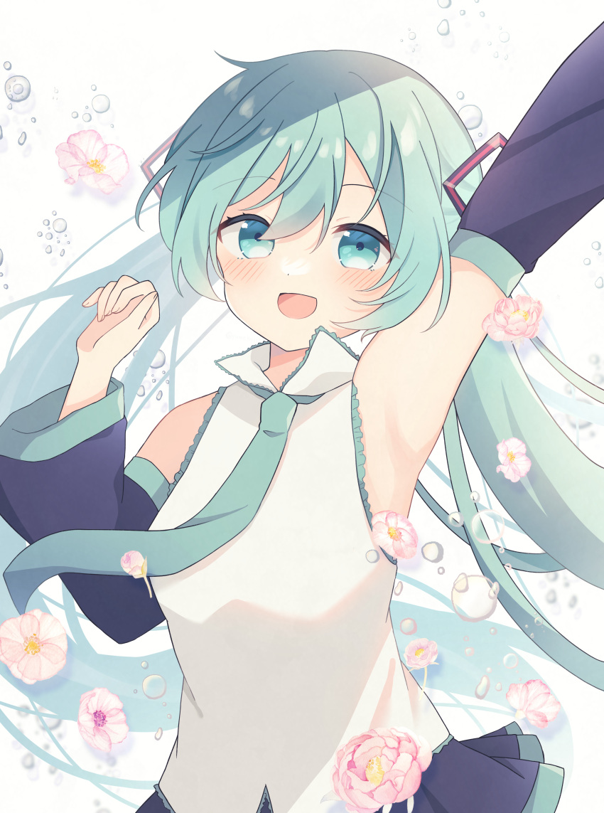1girl absurdres arm_up armpits blue_eyes blue_hair blush collared_shirt detached_sleeves flower hair_ornament hand_up hatsune_miku highres long_hair long_sleeves looking_at_viewer necktie open_mouth shirt skirt sleeveless sleeveless_shirt smile solo twintails upper_body very_long_hair vocaloid water_drop yomiya_yumeha