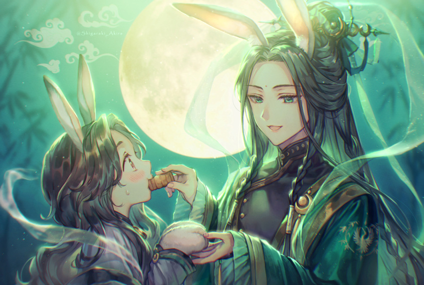 2boys alternate_costume animal_ears animal_hands bamboo bamboo_forest black_hair blue_ribbon blush braid brown_eyes buttons china_dress chinese_clothes chinese_hairpin crescent crescent_hair_ornament dress eating facial_mark feeding food food_in_mouth forehead_mark forest full_moon green_eyes green_robe hair_bun hair_ornament hair_ribbon hand_grab high_collar implied_yaoi layered_clothes light_smile long_hair luo_binghe male_focus mandarin_collar moon moonlight multiple_boys multiple_braids nature night night_sky outdoors purple_robe rabbit_boy rabbit_ears rabbit_paws ren_zhafan_paijizu_xitong ribbon robe shen_qingqiu shigaraki_(strobe_blue) sky smile sweatdrop wavy_hair white_fur