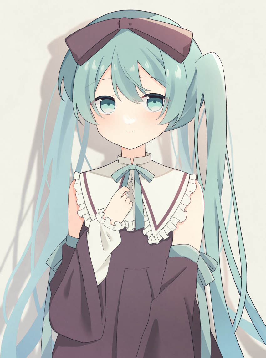 1girl absurdres blue_eyes blue_hair blush bow collared_dress detached_sleeves dress frilled_shirt_collar frills hair_bow hand_on_own_chest hatsune_miku highres long_hair long_sleeves looking_at_viewer neck_ribbon ribbon sleeveless sleeveless_dress smile solo twintails upper_body very_long_hair vocaloid yomiya_yumeha