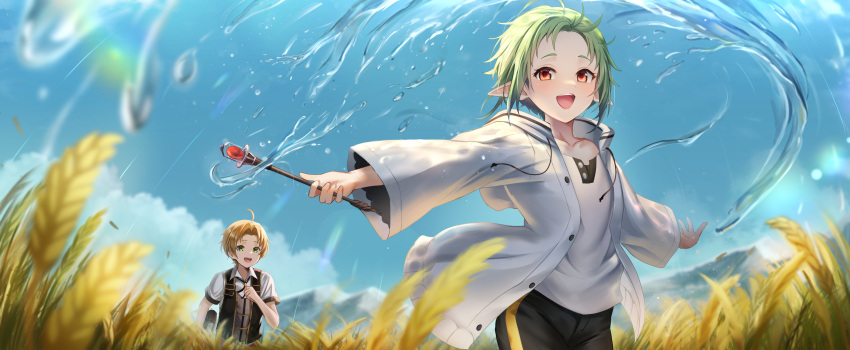 1boy 1girl absurdres ahoge black_shorts blonde_hair blurry blurry_background book child clouds collarbone collared_shirt day english_commentary flat_chest gem green_eyes green_hair hair_intakes highres holding holding_book holding_wand hood hooded_jacket hydrokinesis jacket long_sleeves magic mole mole_under_eye moleshi mountain mushoku_tensei open_mouth orange_eyes outdoors pointy_ears red_gemstone rudeus_greyrat running shirt short_hair short_sleeves shorts sky sylphiette_(mushoku_tensei) teeth upper_teeth_only vest wand water wheat_field white_jacket white_shirt wide_sleeves