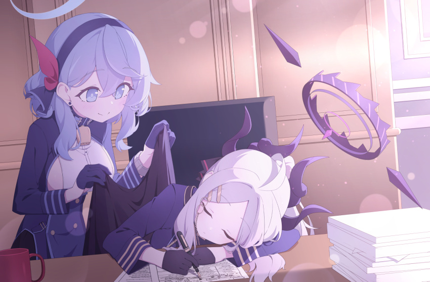 2girls ahoge ako_(blue_archive) bell black_gloves blanket blue_archive breasts chair commentary_request covering_with_blanket demon_girl demon_horns desk earrings exhausted gloves hair_between_eyes hair_ornament hair_ribbon hairband hairclip halo head_rest highres hina_(blue_archive) holding holding_blanket holding_pen horns indoors jewelry long_hair long_sleeves looking_at_another military_uniform multiple_girls neck_bell office office_chair paper_stack parted_bangs pen quarterlift ribbon sideboob sidelocks sleeping smile swivel_chair uniform wavy_hair white_hair