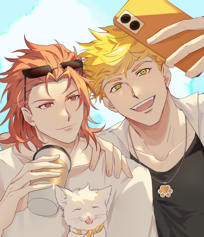 2boys animal black_tank_top blonde_hair cat closed_mouth clouds coffee_cup cup day disposable_cup eyewear_on_head granblue_fantasy green_eyes highres holding holding_cup holding_phone jewelry male_focus multiple_boys necklace open_clothes open_mouth open_shirt outdoors percival_(granblue_fantasy) phone red_eyes redhead selfie shadow_skg shirt short_hair sky smile sunglasses tank_top upper_body vane_(granblue_fantasy) white_cat white_shirt