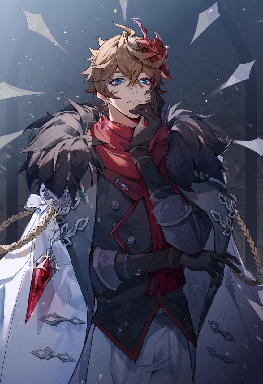 1boy absurdres ahoge arm_support black_gloves black_vest blue_eyes brown_hair buttons closed_mouth coat collared_coat crossed_bangs crystal crystal_earrings earrings fur-trimmed_coat fur_trim genshin_impact gloves hair_between_eyes hands_up highres indoors jewelry long_sleeves looking_at_viewer male_focus mask mask_on_head open_clothes open_coat pants red_mask red_scarf scarf short_hair single_earring solo sparkle sq_(su_qing) standing tartaglia_(genshin_impact) vest white_coat white_pants