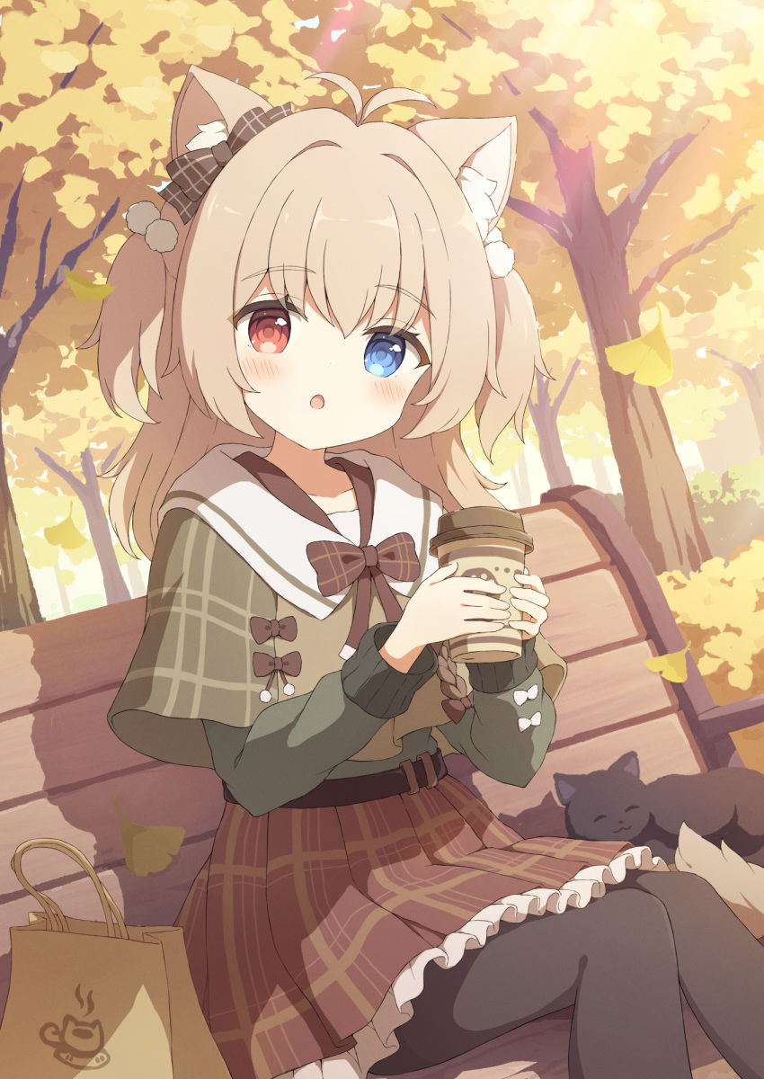 1girl ahoge animal animal_ear_fluff animal_ears ascot autumn autumn_leaves bag bench black_cat blue_eyes blush bow brown_hair cat cat_ears cat_girl checkered_clothes checkered_skirt coffee_cup commission cup disposable_cup dutch_angle hair_bobbles hair_bow hair_ornament heterochromia highres long_sleeves looking_at_viewer open_mouth original outdoors park park_bench red_eyes shopping_bag short_twintails sidelocks sitting skeb_commission skirt solo twintails tyakomes variant_set