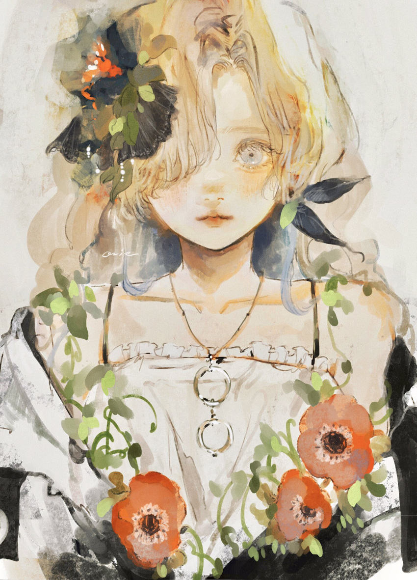 1girl alternate_costume anemone_(flower) black_flower black_jacket blonde_hair blue_hair blush closed_mouth collarbone commentary_request dress flower grey_eyes hair_flower hair_ornament hair_over_one_eye highres isekai_joucho jacket jacket_partially_removed jewelry kamitsubaki_studio leaf_hair_ornament long_eyelashes long_hair looking_at_viewer multicolored_clothes multicolored_hair multicolored_jacket one_eye_covered orange_lips orie_h pendant plant red_flower sleeveless sleeveless_dress solo spaghetti_strap straight-on streaked_hair two-tone_jacket upper_body vines virtual_youtuber white_background white_dress white_jacket