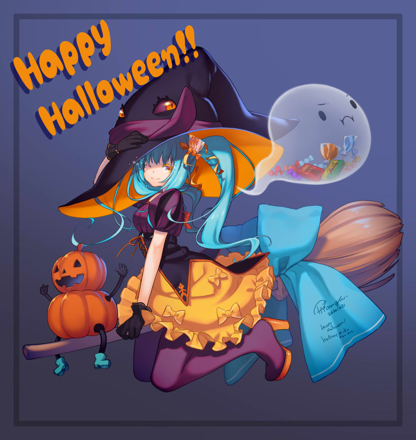 1girl absurdres blue_hair bow bow_skirt broom broom_riding candy candy_hair_ornament corset food food-themed_hair_ornament frilled_skirt frills full_body ghost hair_ornament hair_ribbon halloween happy_halloween hat hatsune_miku high_heels highres jack-o'-lantern lollipop lollipop_hair_ornament long_hair looking_at_viewer nana_mikoto one_eye_closed pantyhose puff_and_slash_sleeves puffy_short_sleeves puffy_sleeves pumpkin ribbon short_sleeves skirt smile solo sparkle twintails very_long_hair vocaloid witch witch_hat wrapped_candy