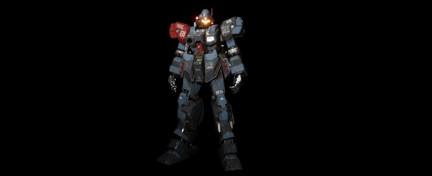 3d black_background earth_federation emblem english_commentary glowing gundam highres jesta looking_at_viewer machinery maya_(medium) mecha mecha_focus mobile_suit muthshizuki no_humans robot roundel science_fiction solo unreal_(medium)