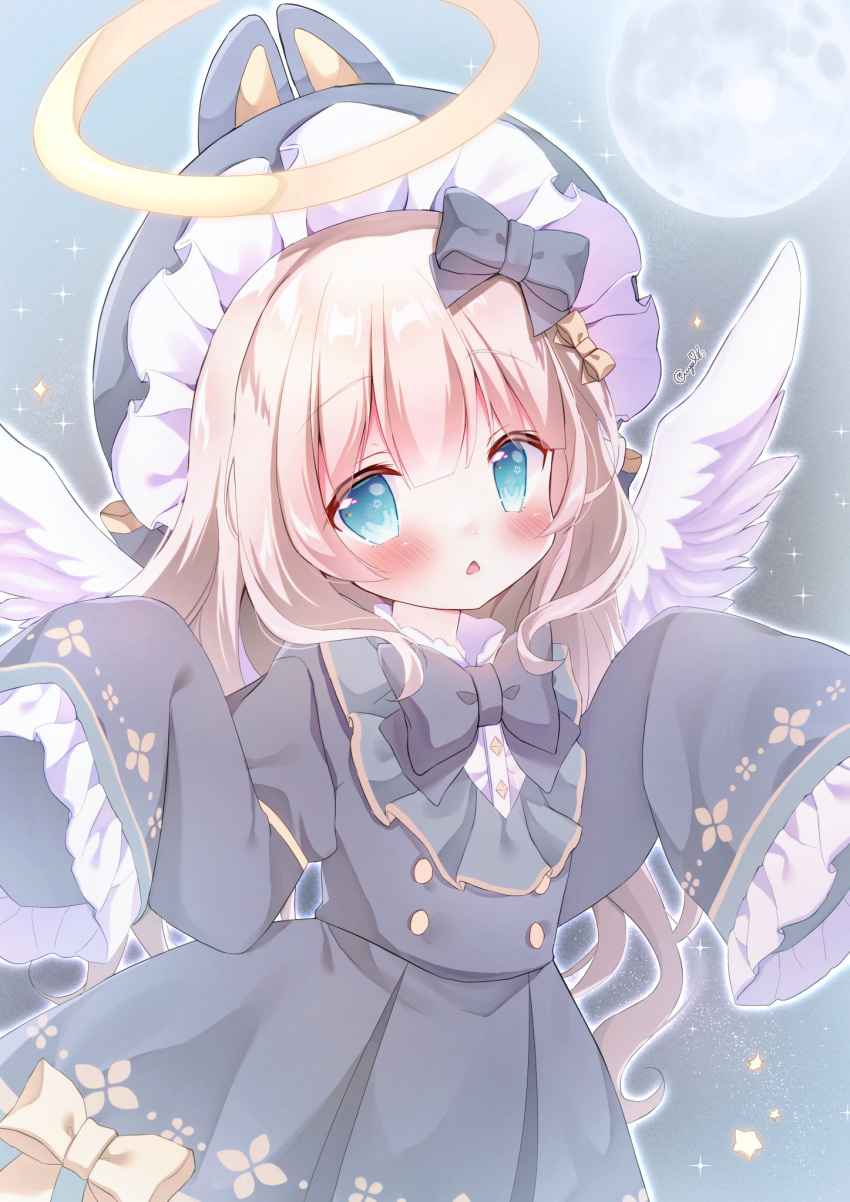 1girl angel angel_wings animal_ears blonde_hair blue_eyes blush bow chestnut_mouth dress fake_animal_ears feathered_wings frilled_sleeves frills hair_bow halo hanasakichu hat highres long_hair long_sleeves moon night night_sky open_mouth original rabbit_ears sky sleeves_past_fingers sleeves_past_wrists solo sparkle star_(sky) starry_sky upper_body very_long_hair wings