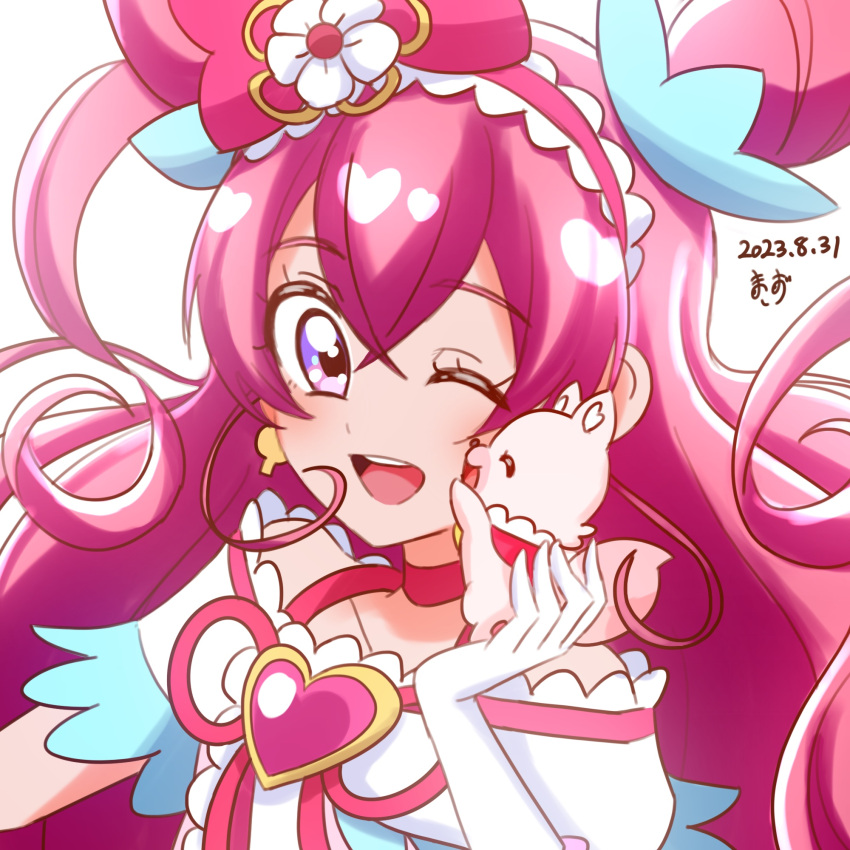1girl ;d animal artist_logo bow brooch choker commentary cone_hair_bun cure_precious dated delicious_party_precure double_bun dress earrings fox gloves hair_bow hair_bun hairband heart heart_brooch highres holding holding_animal jewelry kome-kome_(precure) long_hair looking_at_viewer magical_girl nagomi_yui off-shoulder_dress off_shoulder one_eye_closed pink_bow pink_eyes pink_hair pink_hairband precure red_choker short_sleeves signature simple_background smile solo two_side_up upper_body violet_eyes white_background white_gloves zerolay