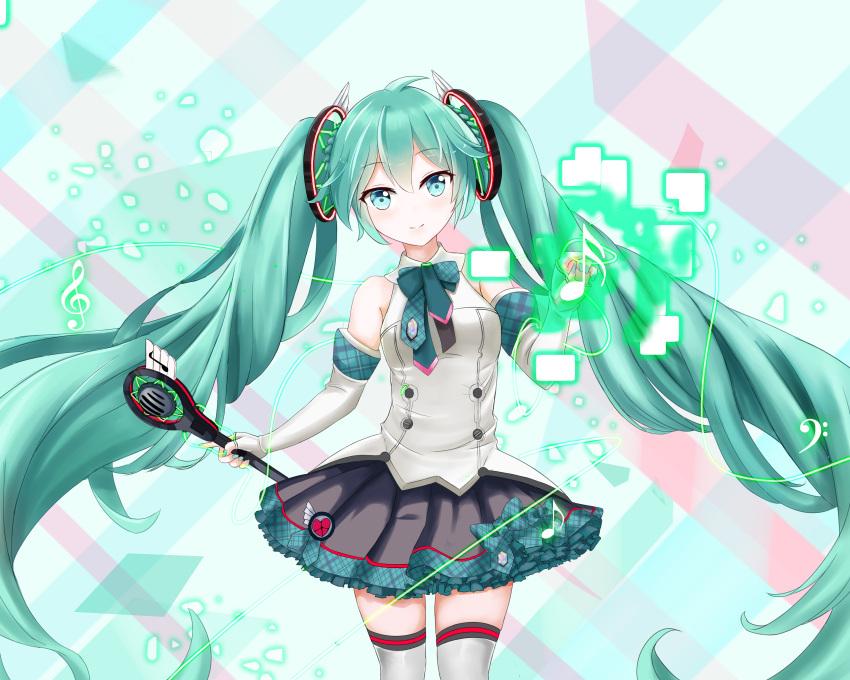 1girl absurdres black_skirt blue_bow blue_eyes blue_nails bow c309657344 collared_shirt commentary_request eighth_note elbow_gloves fingerless_gloves gloves green_hair hair_between_eyes hand_up hatsune_miku highres holding holding_microphone magical_mirai_(vocaloid) magical_mirai_miku magical_mirai_miku_(2017) microphone musical_note nail_polish plaid plaid_bow pleated_skirt shirt skirt sleeveless sleeveless_shirt solo thigh-highs treble_clef twintails vocaloid white_gloves white_shirt white_thighhighs