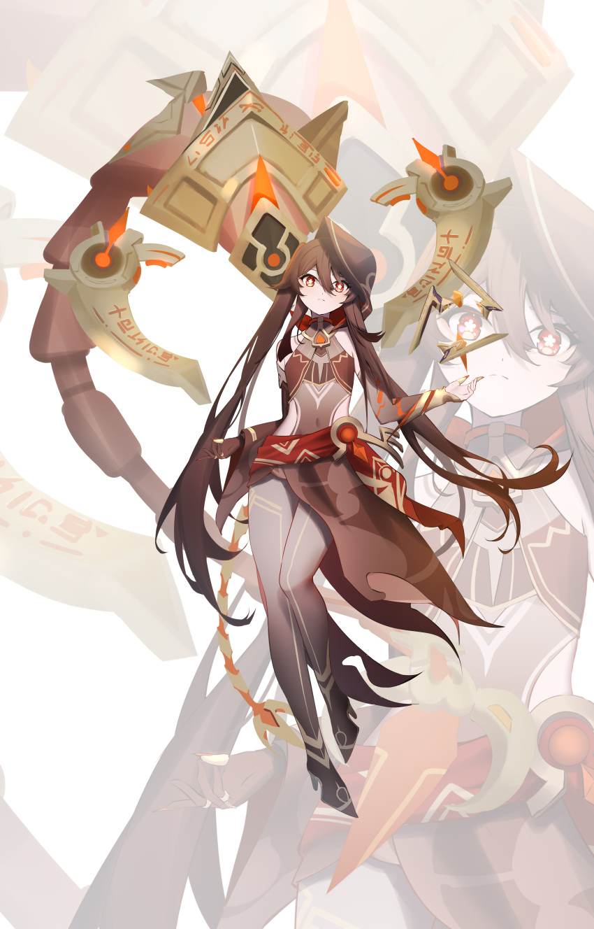 1girl absurdres alternate_costume babel_(genshin_impact) babel_(genshin_impact)_(cosplay) black_hair commentary_request cosplay covered_navel detached_sleeves floating floating_object full_body genshin_impact grey_pantyhose hair_between_eyes high_heels highres hood hu_tao_(genshin_impact) long_hair long_sleeves looking_at_viewer pantyhose qixia red_eyes sidelocks simple_background solo symbol-shaped_pupils twintails zoom_layer