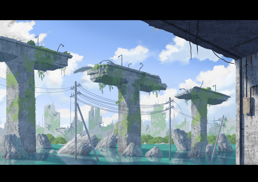 abandoned absurdres blue_sky building clouds day highres moss no_humans original outdoors overgrown post-apocalypse power_lines scenery sky sumassha_t_t utility_pole water