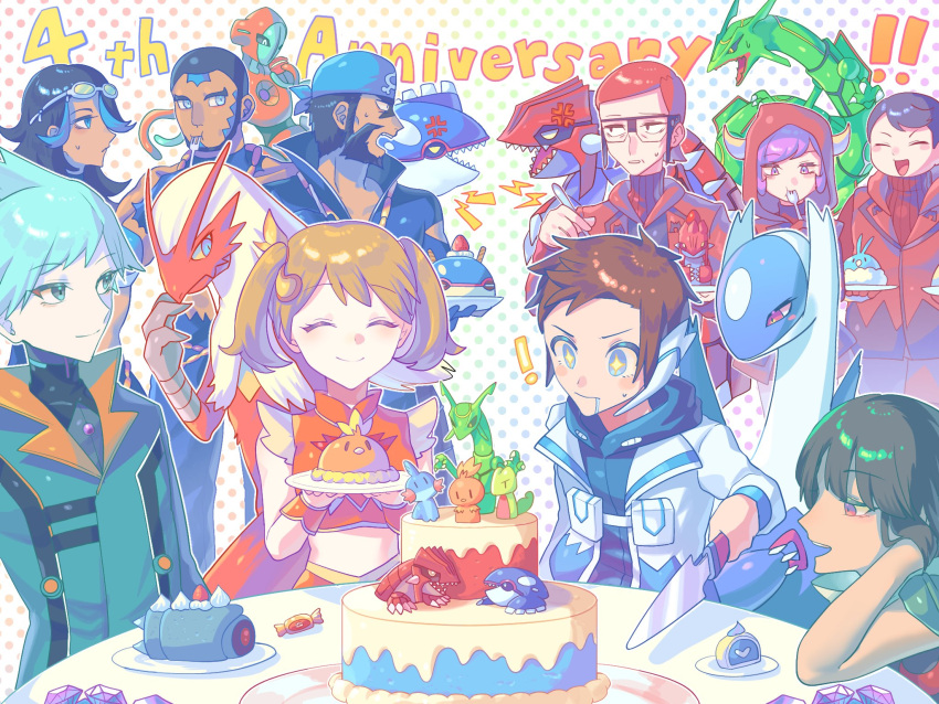 4girls 6+boys angry anniversary aqua_eyes aqua_hair archie_(pokemon) black_hair blaziken blue_eyes brendan_(pokemon) brendan_(sygna_suit)_(pokemon) brown_hair cake candy character_food closed_eyes closed_mouth courtney_(pokemon) dark-skinned_female dark-skinned_male dark_skin deoxys drooling facial_hair food fork gem glasses goggles goggles_on_head groudon highres holding holding_fork holding_knife hood hood_up horned_hood horns knife kyogre latios long_hair matt_(pokemon) maxie_(pokemon) may_(pokemon) may_(sygna_suit)_(pokemon) midriff multiple_boys multiple_girls open_mouth plate pokemon pokemon_(creature) pokemon_(game) pokemon_masters_ex purple_hair rayquaza red_eyes redhead shelly_(pokemon) short_hair smile star-shaped_pupils star_(symbol) steven_stone steven_stone_(sygna_suit) sweatdrop symbol-shaped_pupils tabitha_(pokemon) table takibpkms twintails utensil_in_mouth violet_eyes zinnia_(pokemon)