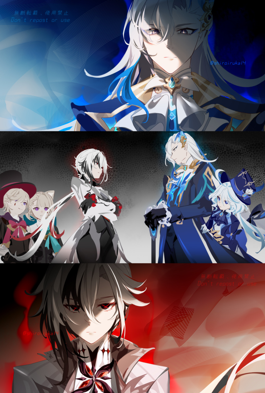ahoge animal_ears arlecchino_(genshin_impact) ascot black_eyes black_gloves black_hair black_headwear blue_eyes blue_hair blue_headwear blue_jacket bow brother_and_sister cat_ears cat_girl closed_mouth coat facial_mark furina_(genshin_impact) genshin_impact gloves grey_hair hair_between_eyes hair_ornament hat highres jacket jewelry long_hair long_sleeves lyney_(genshin_impact) multicolored_hair multiple_boys multiple_girls neuvillette_(genshin_impact) red_pupils siblings somnia streaked_hair symbol-shaped_pupils teardrop_facial_mark top_hat two-tone_hair violet_eyes white_ascot white_hair x-shaped_pupils
